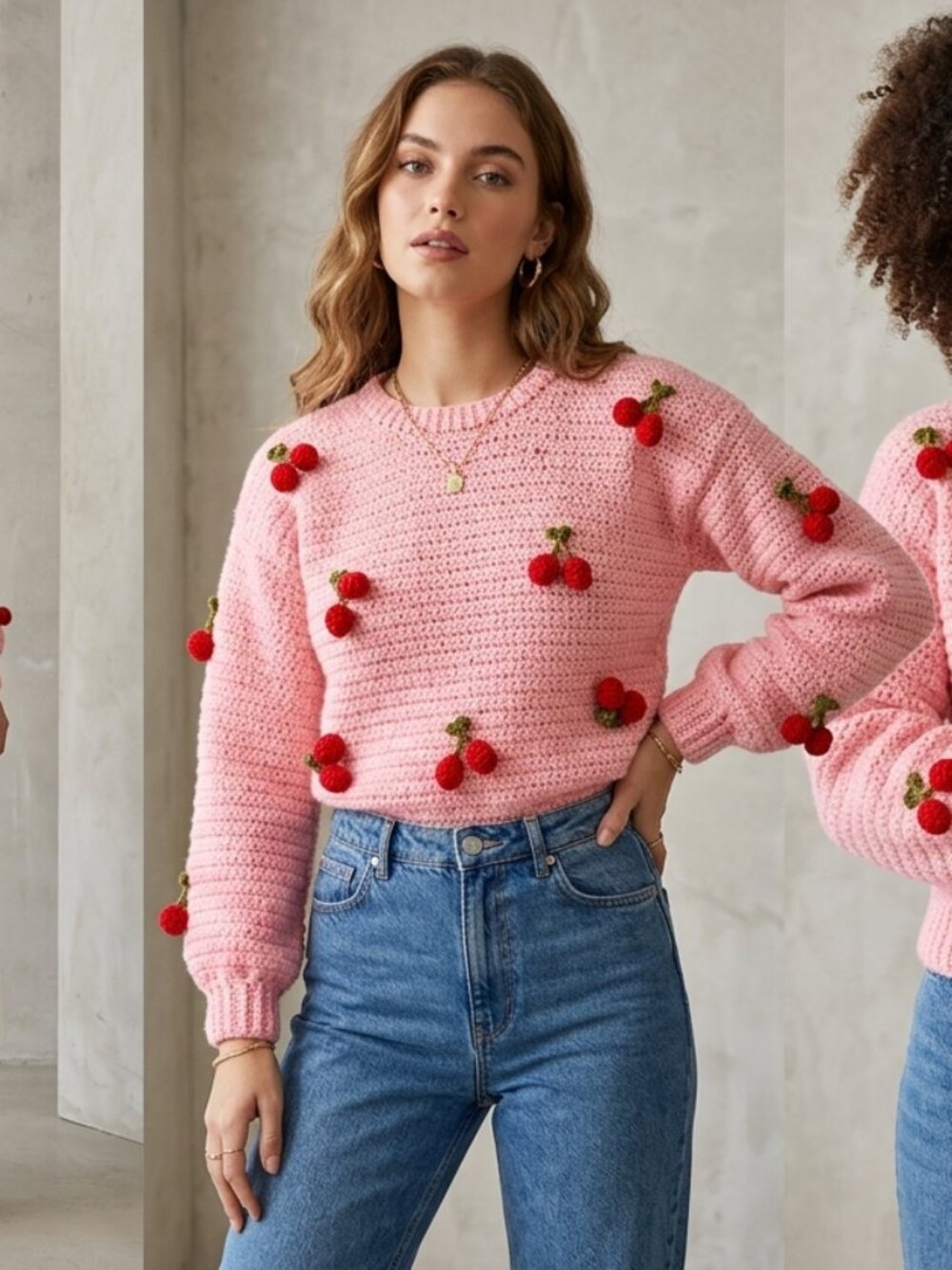 HandCrochet Light Pink Cherry Sweater 3D Red Fruit Applique Chunky Knit Crewneck